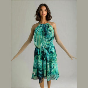New York & Co. Woman's Halter Dress Size Med Green Blue Tropical Vacation Resort